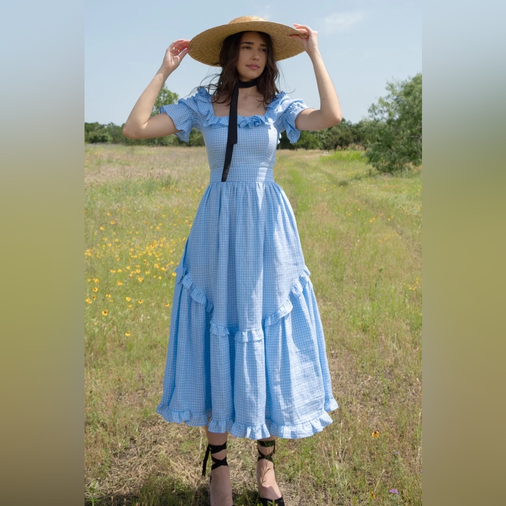 Blue Gingham Midi Dress with Ruffle Trim